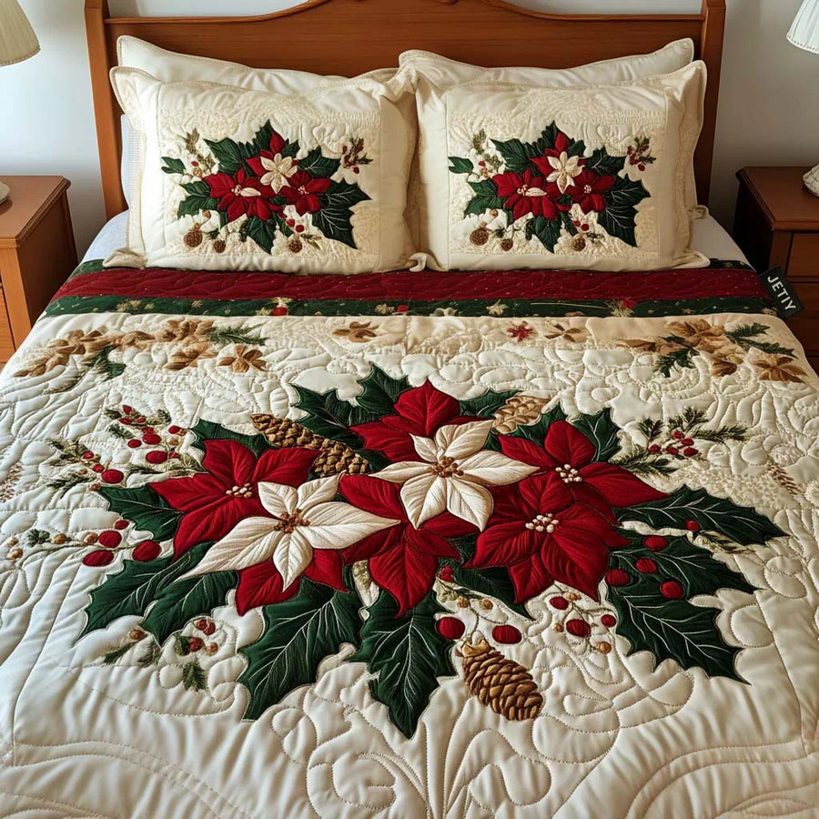 Quilted Bed Set 3 Pieces - Poinsettia Charm