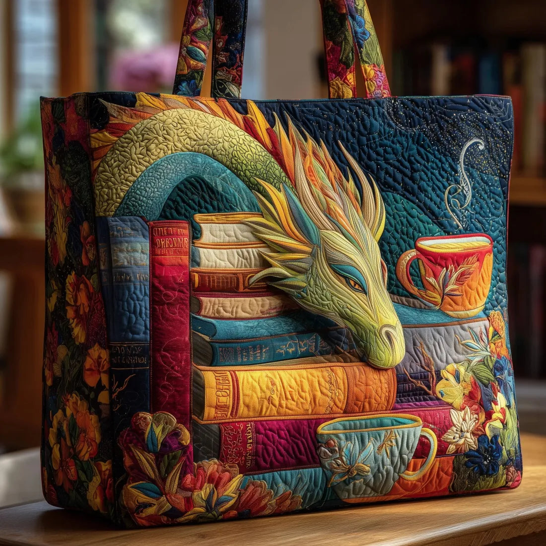 Handmade Bag - Dragon Reading a Book and Tea Cups