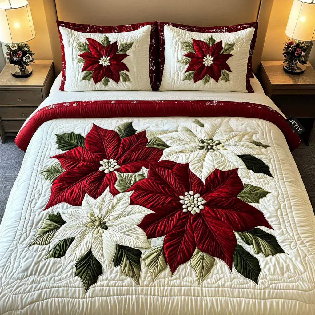 3-Piece Quilted Bed Set - Winter Poinsettias