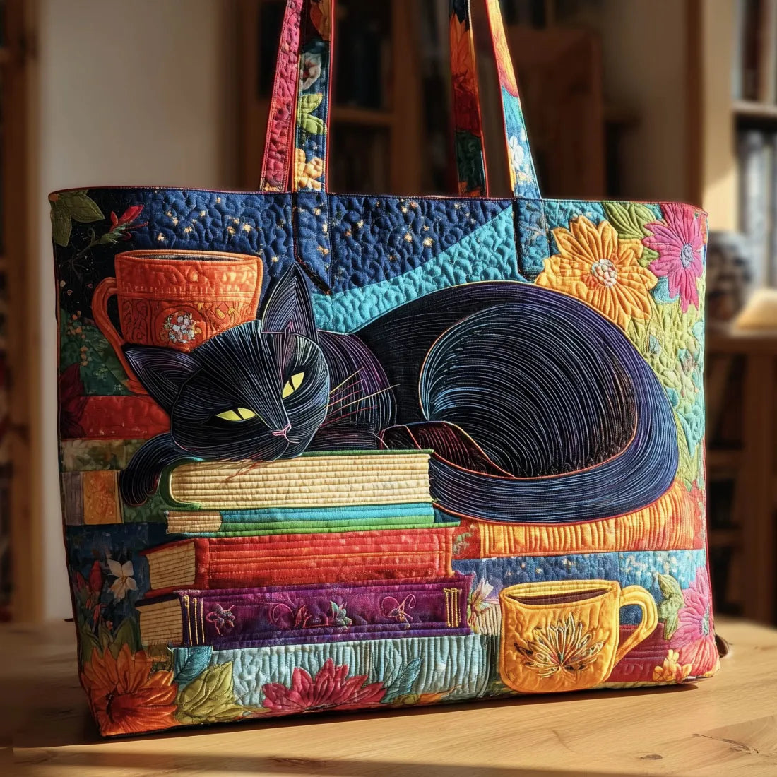 Handmade Bag - Black Cat with Books and Tea Cups