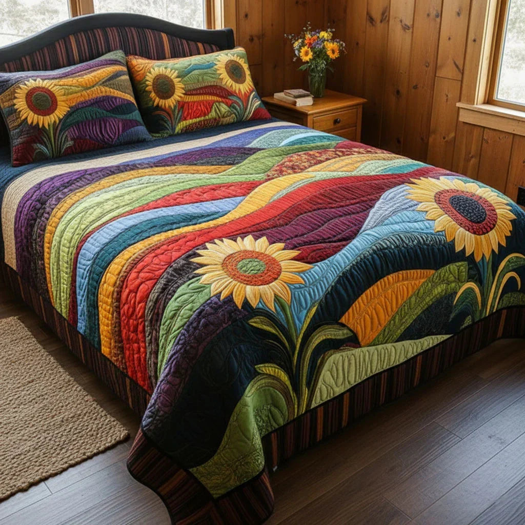 Quilted Bed Set 3 Pieces - Sunflower Field