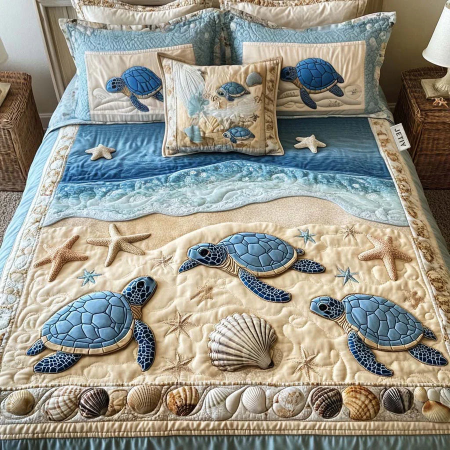 Quilted Bed Set 3 Pieces - Ocean Waves
