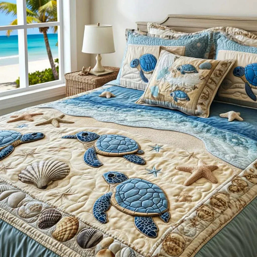 Quilted Bed Set 3 Pieces - Ocean Waves