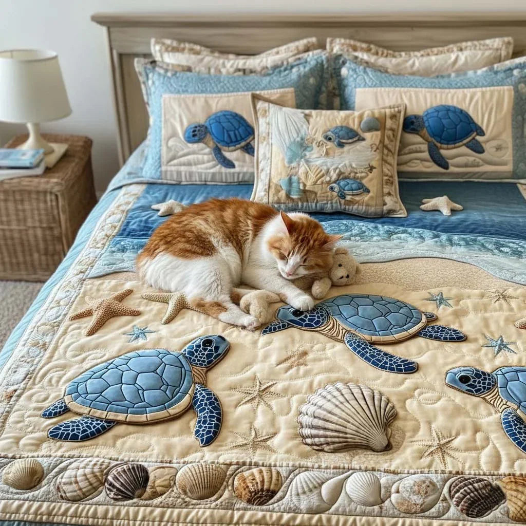 Quilted Bed Set 3 Pieces - Ocean Waves