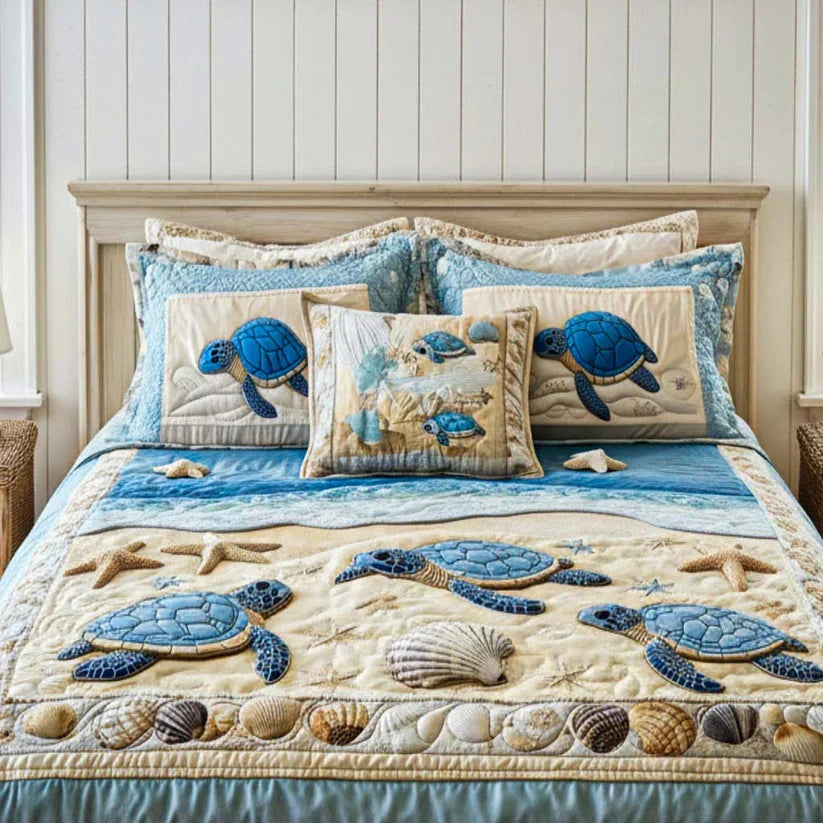 Quilted Bed Set 3 Pieces - Ocean Waves