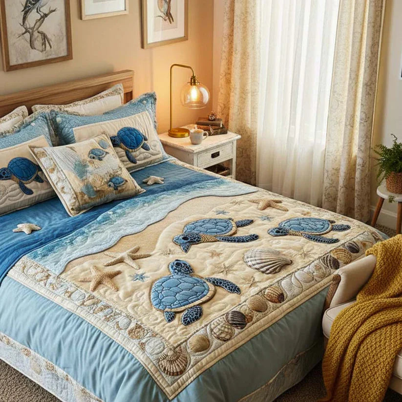 Quilted Bed Set 3 Pieces - Ocean Waves