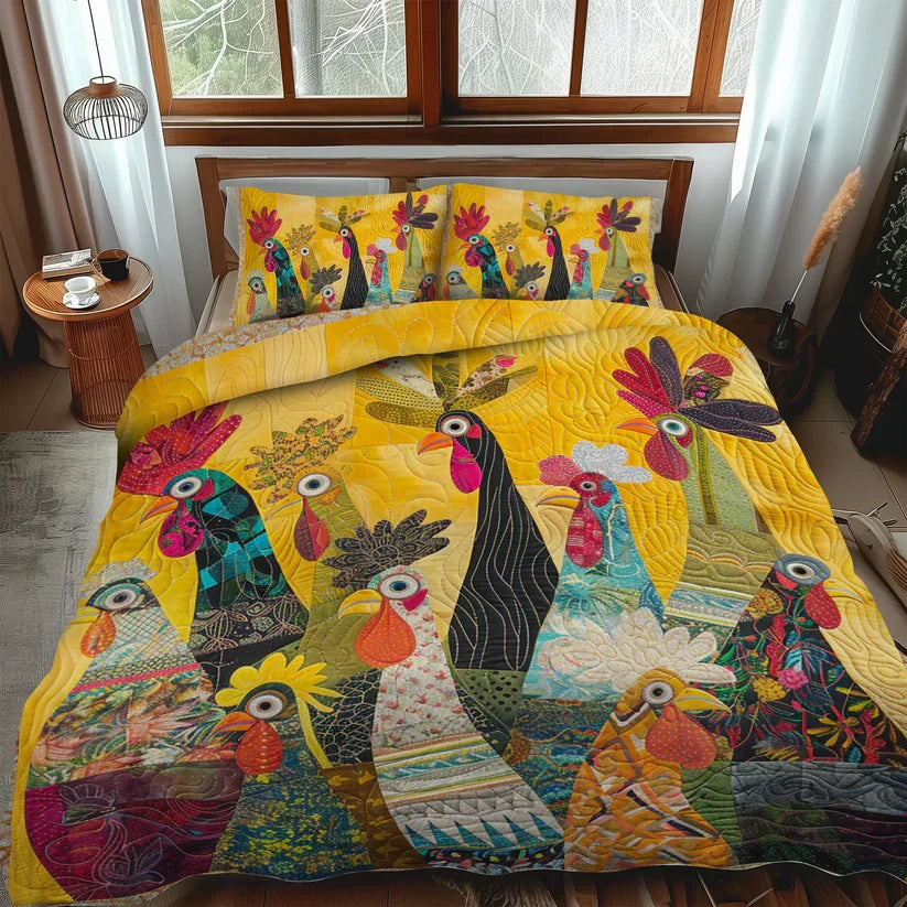 3-Piece Quilted Bed Set - Roosters of Dawn