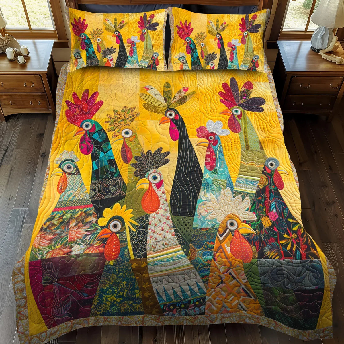 3-Piece Quilted Bed Set - Roosters of Dawn