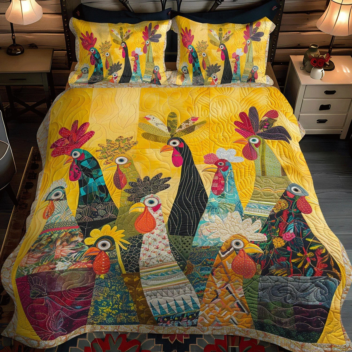 3-Piece Quilted Bed Set - Roosters of Dawn