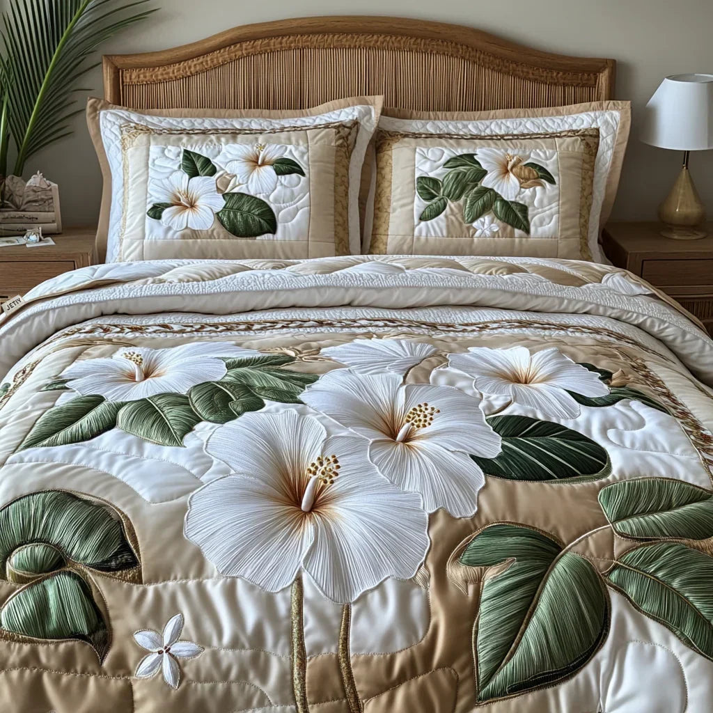 Quilted Bed Set 3 Pieces - White Hibiscus