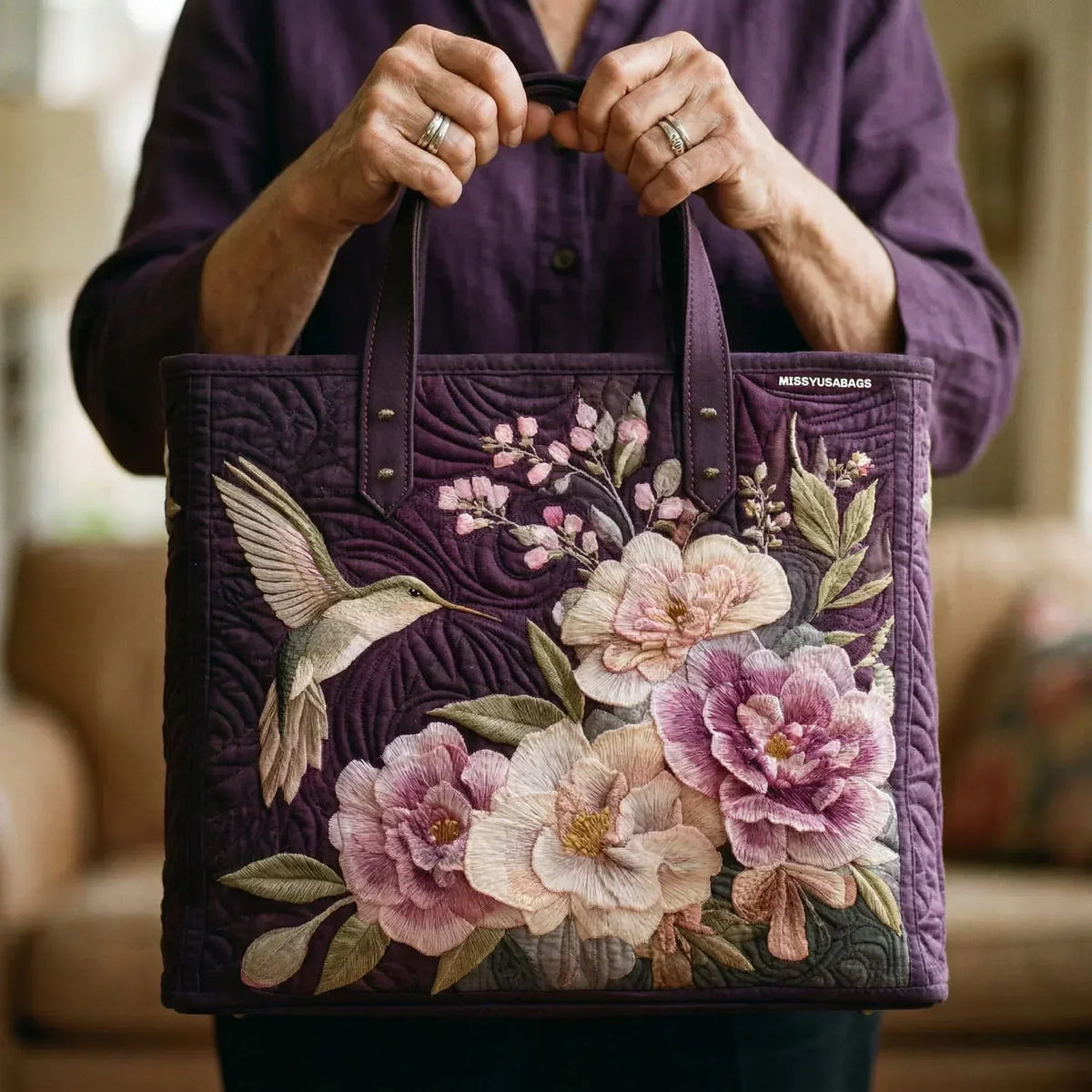Handmade Quilted Bag - Hummingbirds and Orchids